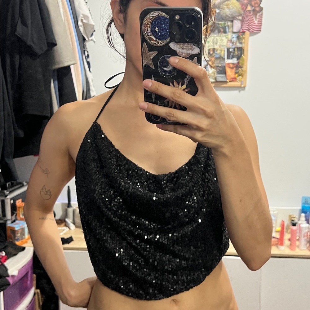 Black Sequin Halter Crop Top
